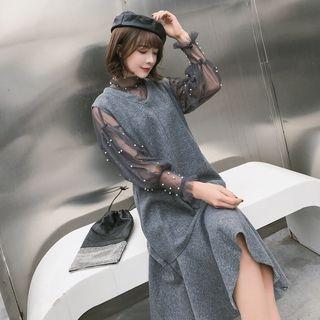 Set: Sleeveless Dress + Long-sleeve Beaded Sheer Top