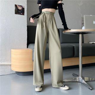 High-waist Plain Tie-strap Wide-leg Pants