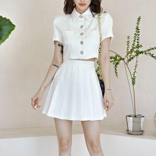 Set: Short-sleeve Crop Shirt + Mini Pleated Skirt