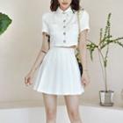 Set: Short-sleeve Crop Shirt + Mini Pleated Skirt