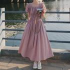 Puff-sleeve Ruffle Trim Shirred Midi A-line Dress
