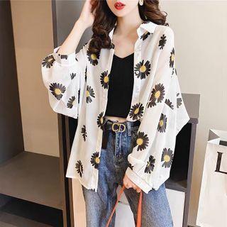 Long-sleeve Floral Print Sheer Shirt