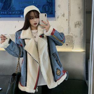 Fleece-lined Denim Panel Zip Jacket Blue & White - One Size