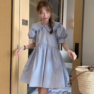 Lantern Sleeve Frill Trim Collar High Waist A-line Dress