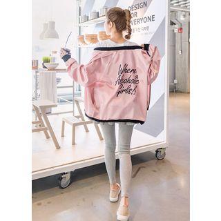 Contrast-trim Lettering-back Zip-up Jacket