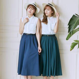 Set: Sleeveless Shirt + Belted Long Skirt