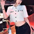 Short-sleeve Lettering Button-up Crop Top