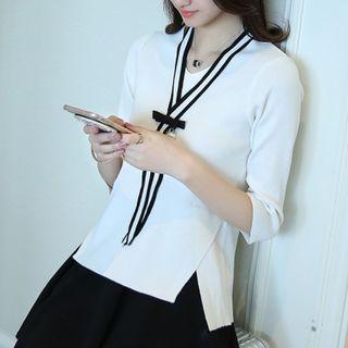 Ribbon Detail Elbow-sleeve Knit Top