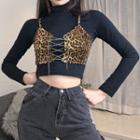 Mock Two-piece Long-sleeve Leopard Print Lace-up Top