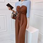 Mock Two-piece Short-sleeve Drawcord Wide-leg Jumpsuit