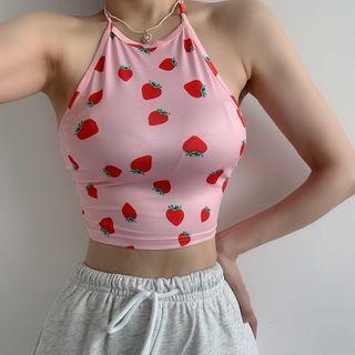 Strawberry Print Halter Cropped Camisole Top