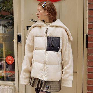 Zipped-hood Fleece-panel Puffer Jacket Cream - One Size
