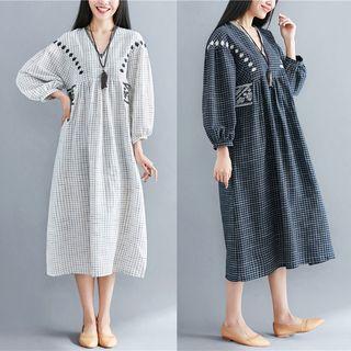 Plaid 3/4-sleeve Midi A-line Dress