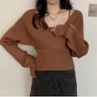 Mock Two Piece Long-sleeve Square Neck Knit Crop Top
