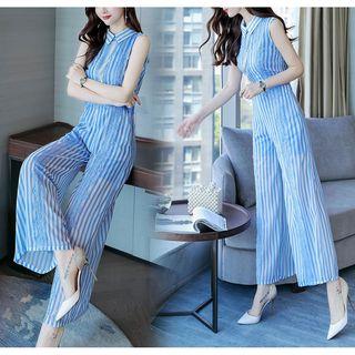 Sleeveless Striped Lace Trim Wide-leg Jumpsuit