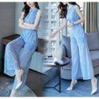 Sleeveless Striped Lace Trim Wide-leg Jumpsuit