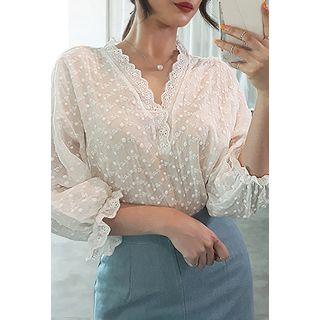 Set: Lace-trim Sheer Top + Frilled-hem Denim Skirt