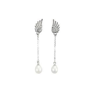 Sterling Silver Fashion Simple Angel Wings Freshwater Pearl Tassel Earrings Silver - One Size