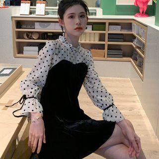 Long-sleeve Dotted Panel Mini A-line Velvet Dress