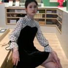 Long-sleeve Dotted Panel Mini A-line Velvet Dress