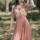 Set: Floral Print Ruffle Trim Blouse + Faux Pearl Button Midi A-line Skirt