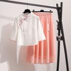 3/4-sleeve Embroidered Top / Midi A-line Skirt