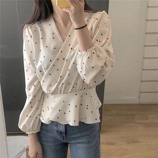 V-neck Heart Print Peplum Blouse