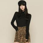 Set: Mock Neck Open-back Knit Top + Leopard Print Mini A-line Skirt