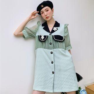 Puff-sleeve Mesh Panel Plaid Mini Blazer Dress
