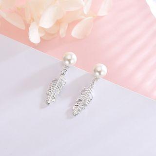925 Sterling Silver Rhinestone Square Faux Pearl Earring