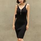 Sleeveless Zip Knit Sheath Dress Black - One Size