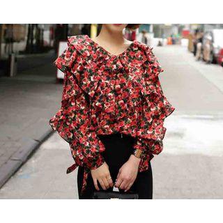 Floral Print V-neck Ruffle Blouse