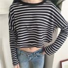 Striped Long-sleeve Crop T-shirt Black - One Size