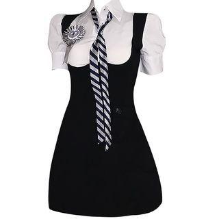 Mock Two-piece Mini Bodycon Dress / Necktie / Brooch / Set