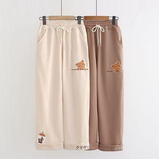 Bear Embroidered Cropped Straight Leg Pants