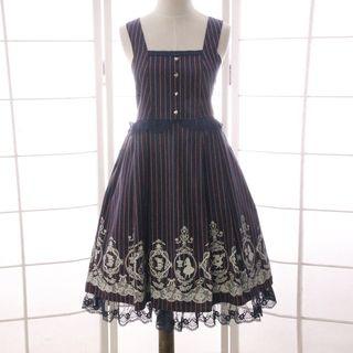 Lace Panel Pinstripe Print Strap Dress