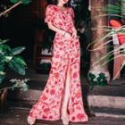 Short-sleeve Floral Print Open-back Maxi Dress