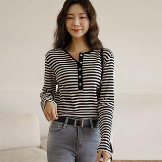 Round-neck Stripe Ribbed Henley