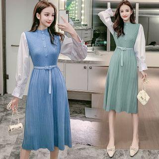 Mock Two-piece Long-sleeve Knit A-line Midi Dress