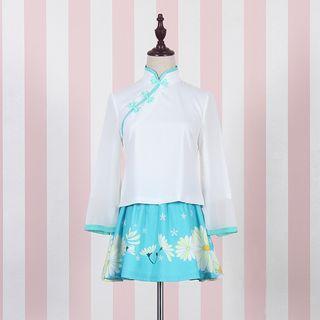 Mandarin Collar Long-sleeve Top / Floral Print A-line Skirt / Headband