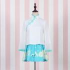 Mandarin Collar Long-sleeve Top / Floral Print A-line Skirt / Headband