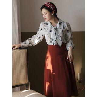 Set: Puff-sleeve Tie-neck Floral Print Blouse + Midi A-line Skirt