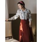 Set: Puff-sleeve Tie-neck Floral Print Blouse + Midi A-line Skirt