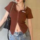Short-sleeve Plain Zip Top Brown - One Size