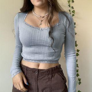 Lace-trim Long Sleeve Square Neck T-shirt