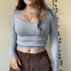 Lace-trim Long Sleeve Square Neck T-shirt