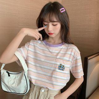 Short-sleeve Flower Embroidered Pocket T-shirt