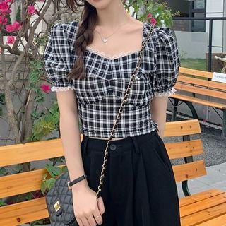 Lace Trim Square-neck Plaid Short-sleeve Top
