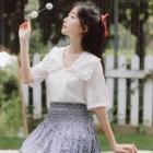 Short-sleeve Ruffled Shirt / Floral Print Midi A-line Skirt