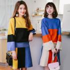 Set : Colour Block Long-sleeve Knit Sweater + Mini Skirt